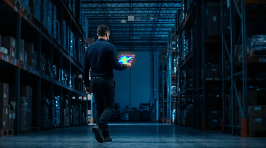 Consultor recorriendo una bodega con una tablet que muestra un mapa de cobertura Wi-Fi