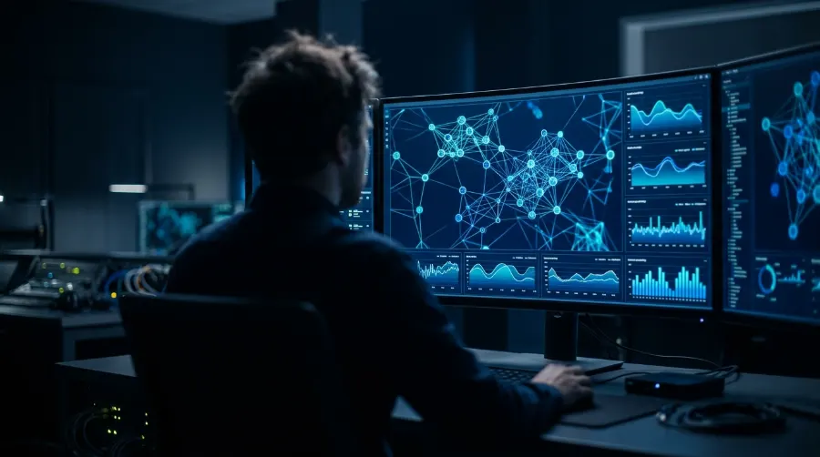Persona frente a monitores con gráficos de topología y tráfico de red en una sala oscura