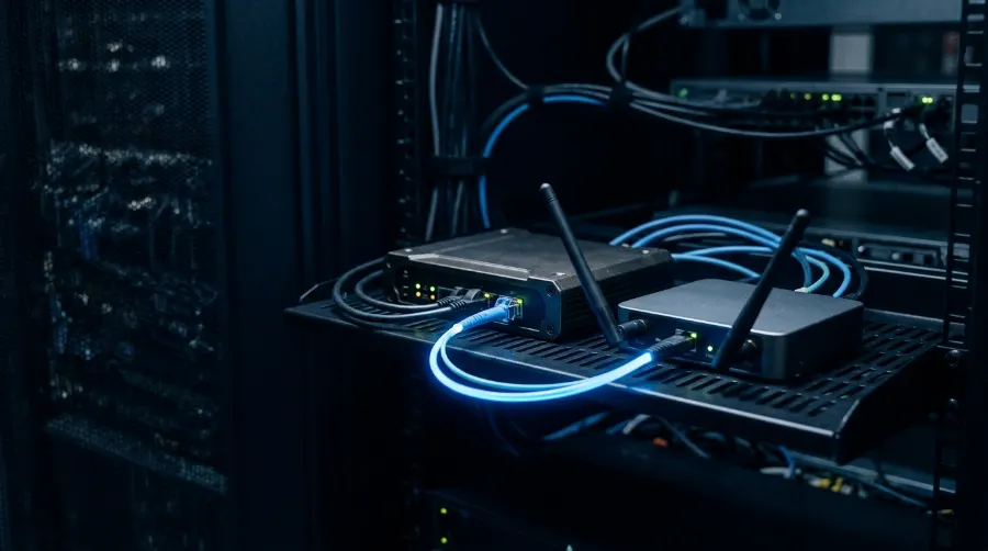 Router de borde con fibra óptica junto a un router celular con antenas, que representan varios enlaces de internet