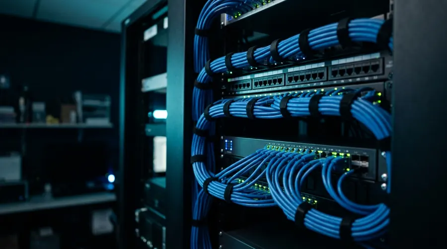 Rack de red ordenado con patch panel, switch administrable y cables azules organizados con velcro