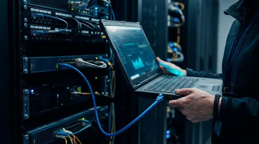 Técnico de redes con una laptop conectada por cable de consola a un switch dentro de un rack