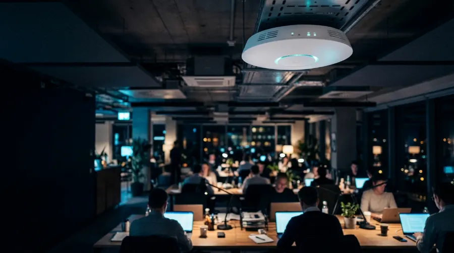 Punto de acceso inalámbrico empresarial instalado en el techo de una oficina con personas trabajando